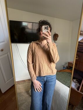 Talbots Women's Lattice Cable Johnny Collar Sweater - Camel